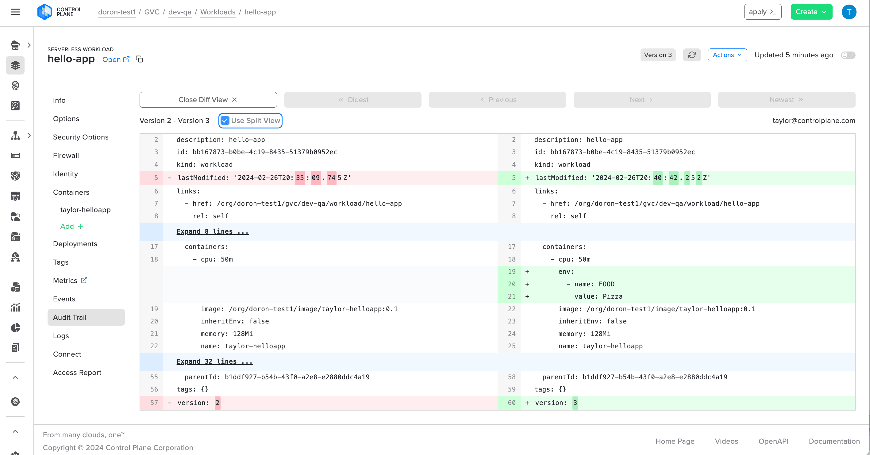 Audit trail UI showing a diff with clear color differentiation between previous and current versions.