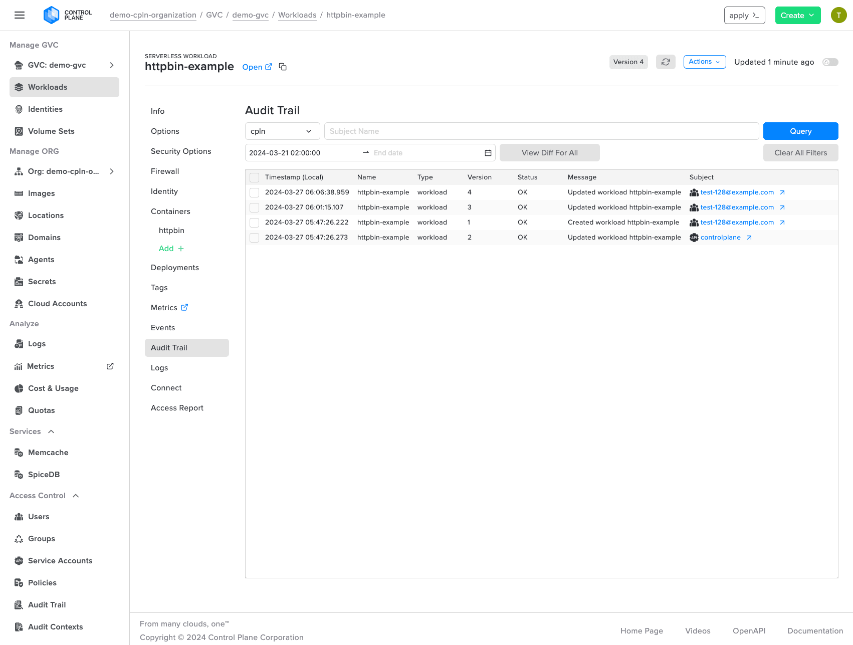Audit trail for a workload showing timestamp, name, version, status, modification details, and acting user.
