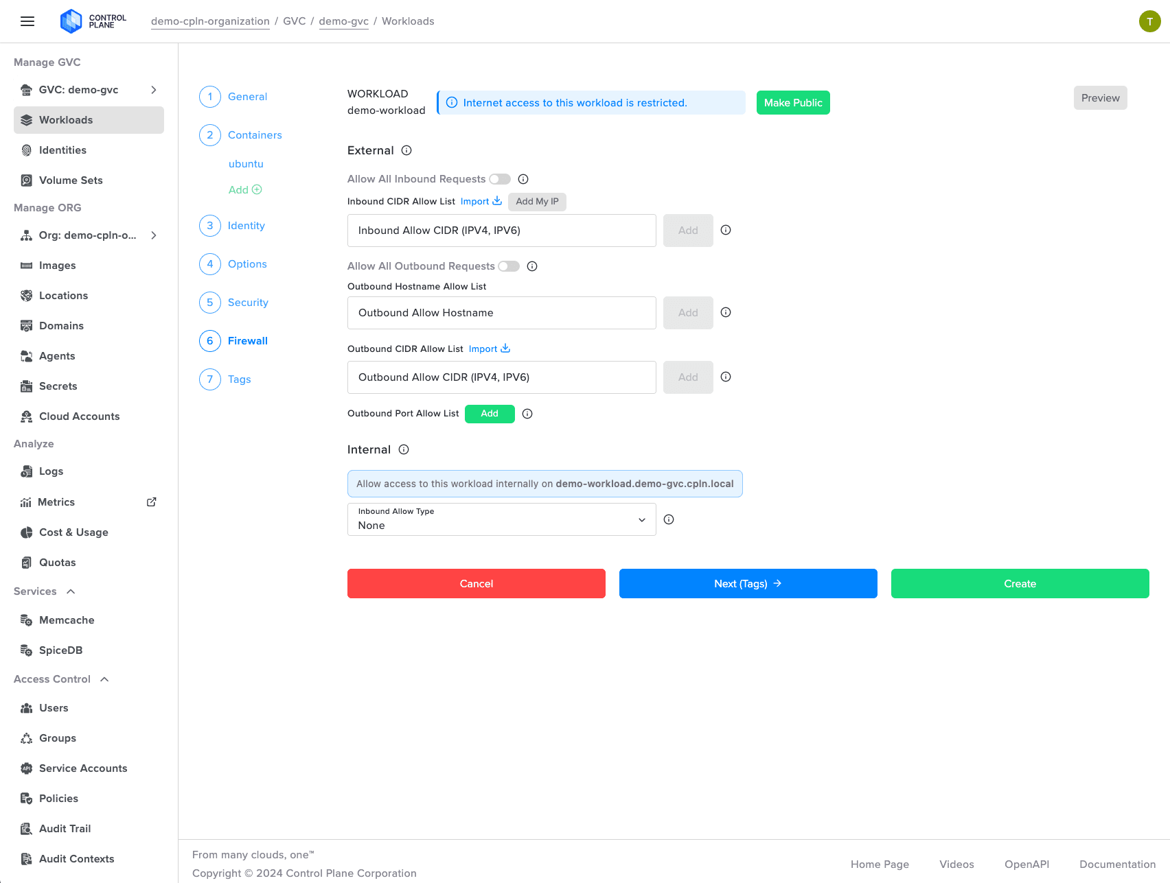 Control Plane firewall configuration with flexible inbound and outbound request controls.