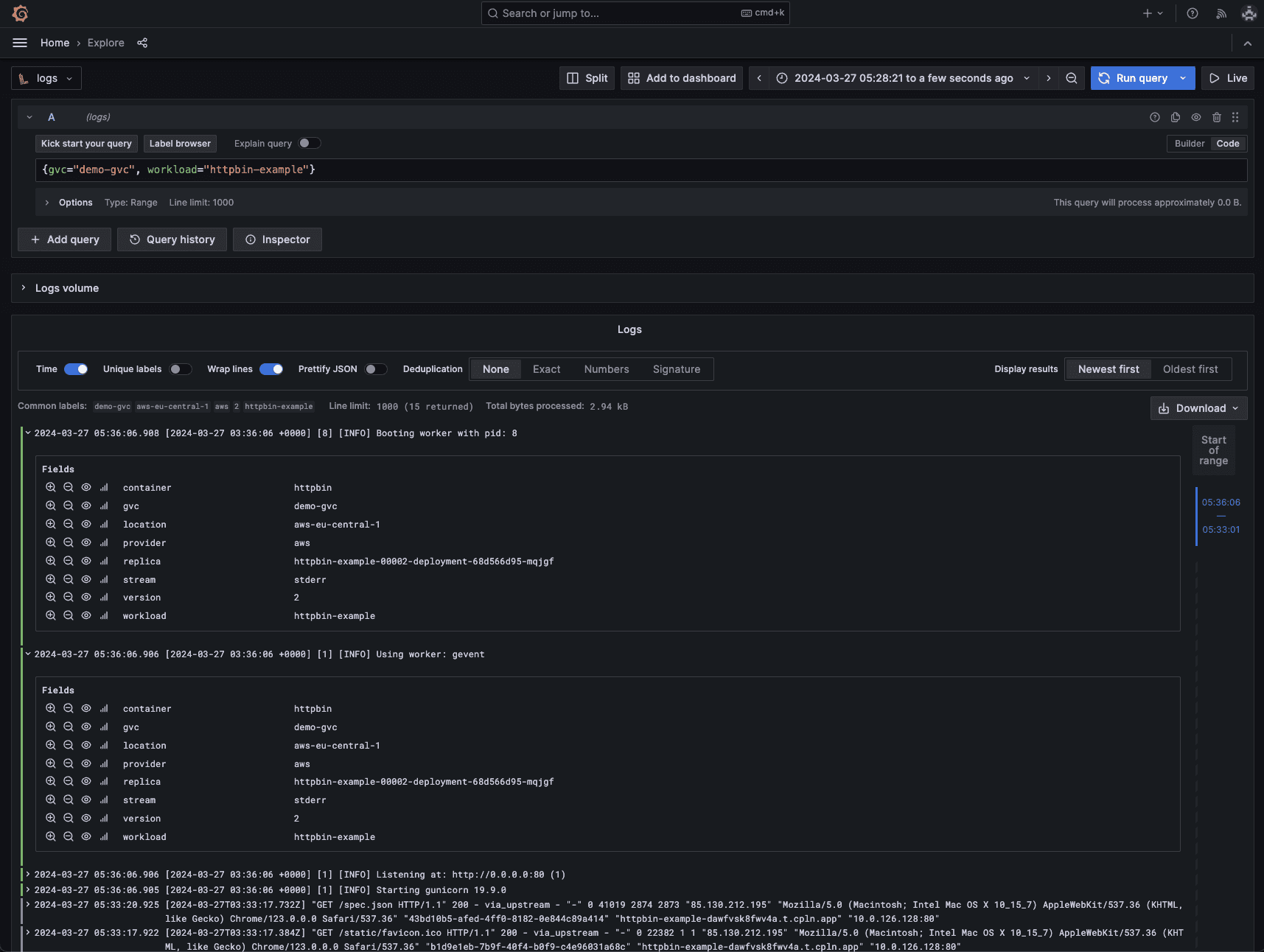 Grafana explorer interface fully integrated into Control Plane.