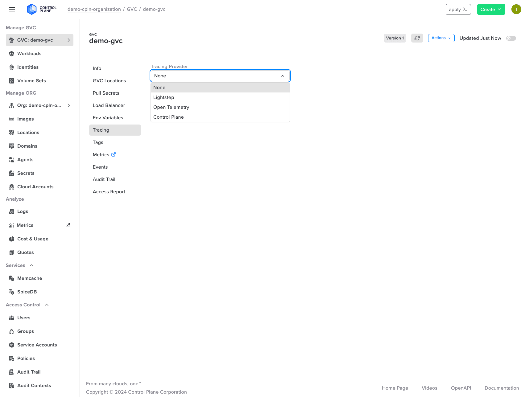 Control Plane tracing configuration with integrations for Lightstep, OpenTelemetry, and native tracing.