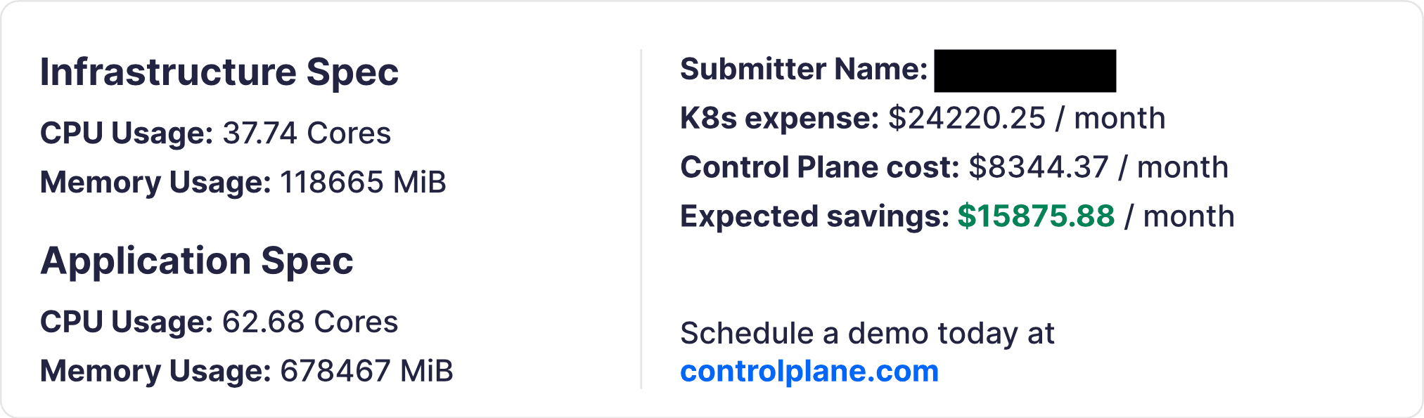 Kubernetes cost analysis report showing infrastructure spec, application spec, and projected monthly savings.
