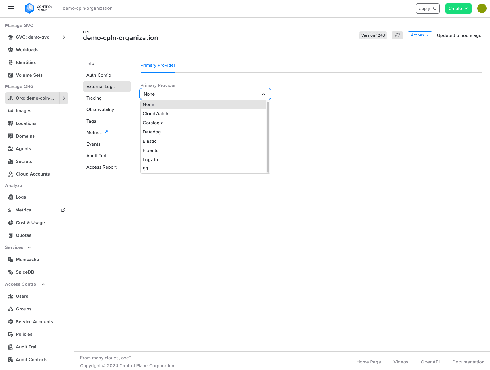 Configuration screen for shipping logs to external providers like CloudWatch, Datadog, Logz.io, and S3.