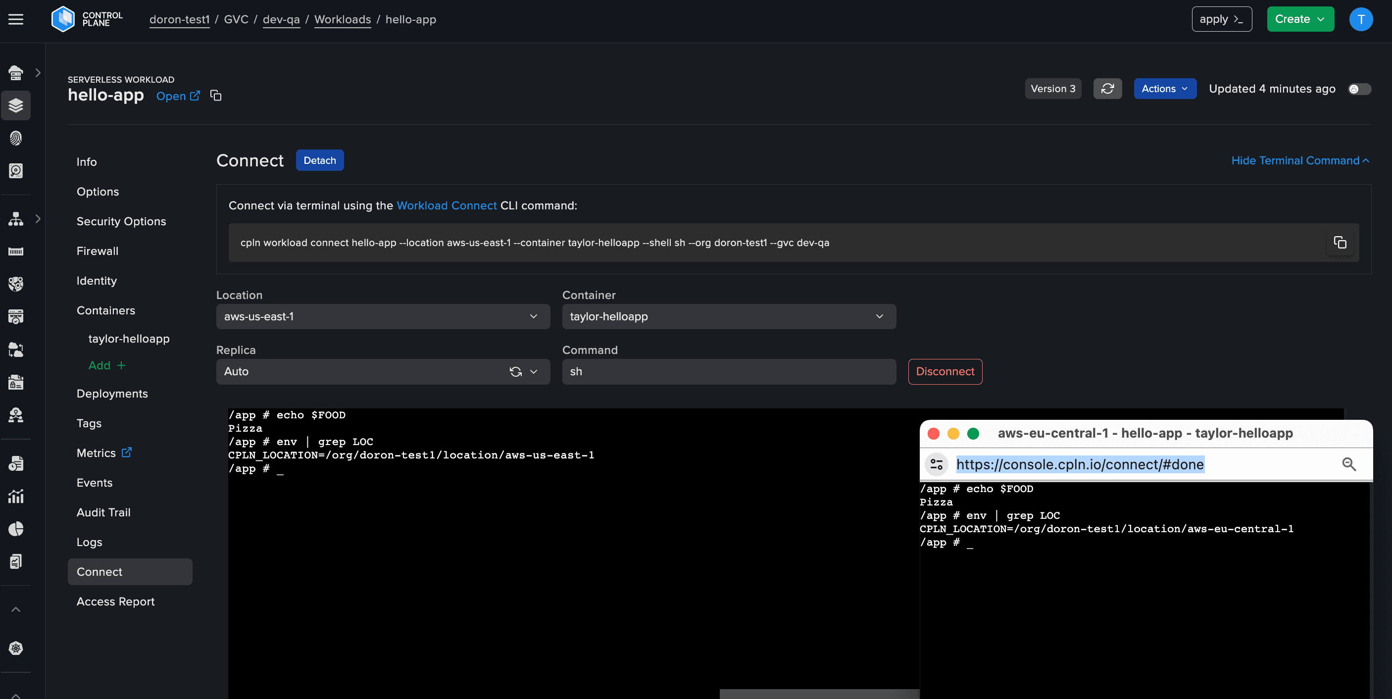 Connect tab in the Control Plane console for SSH sessions to specific containers within workloads.