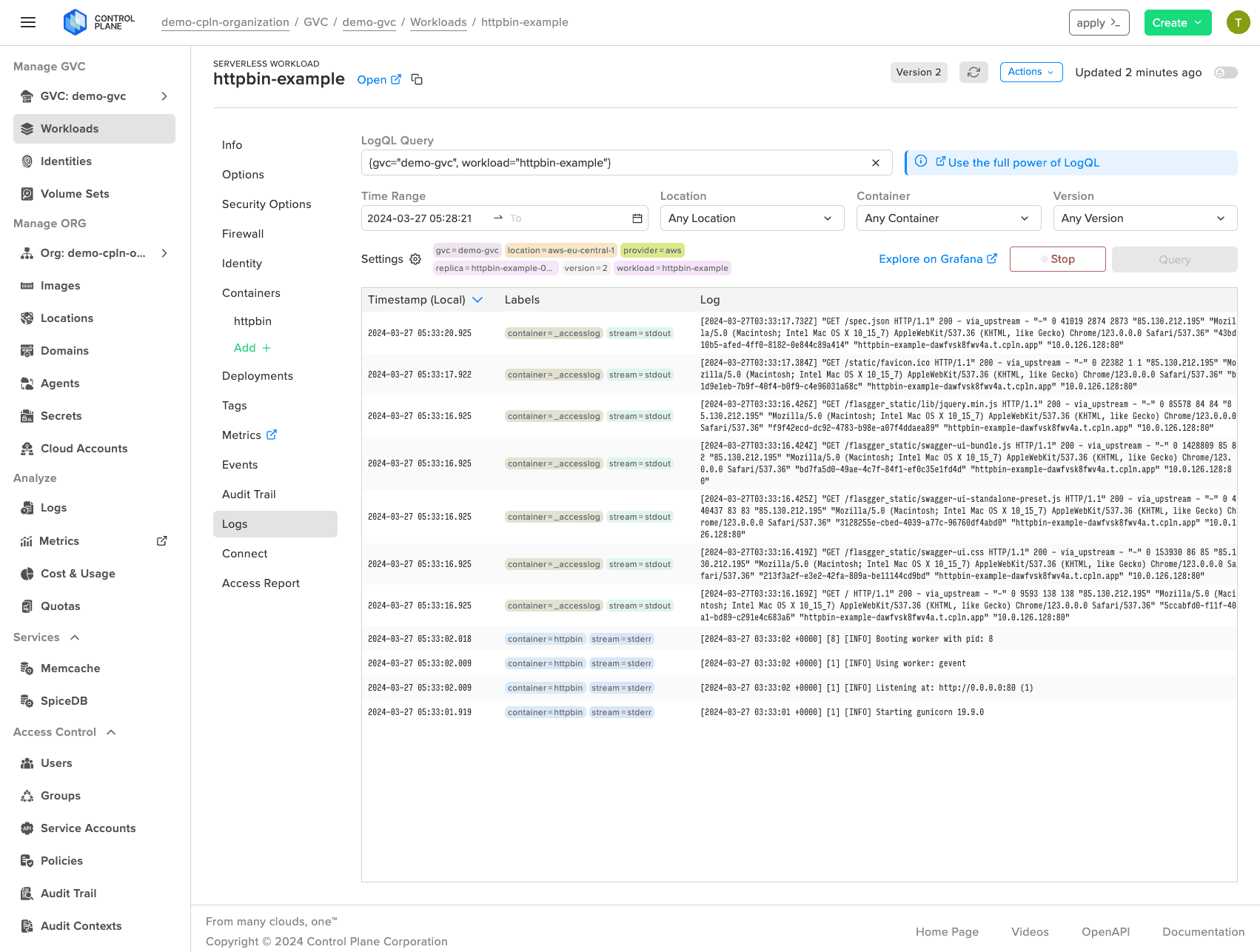 Control Plane centralized log management interface showing application logs across a Global Virtual Cloud.