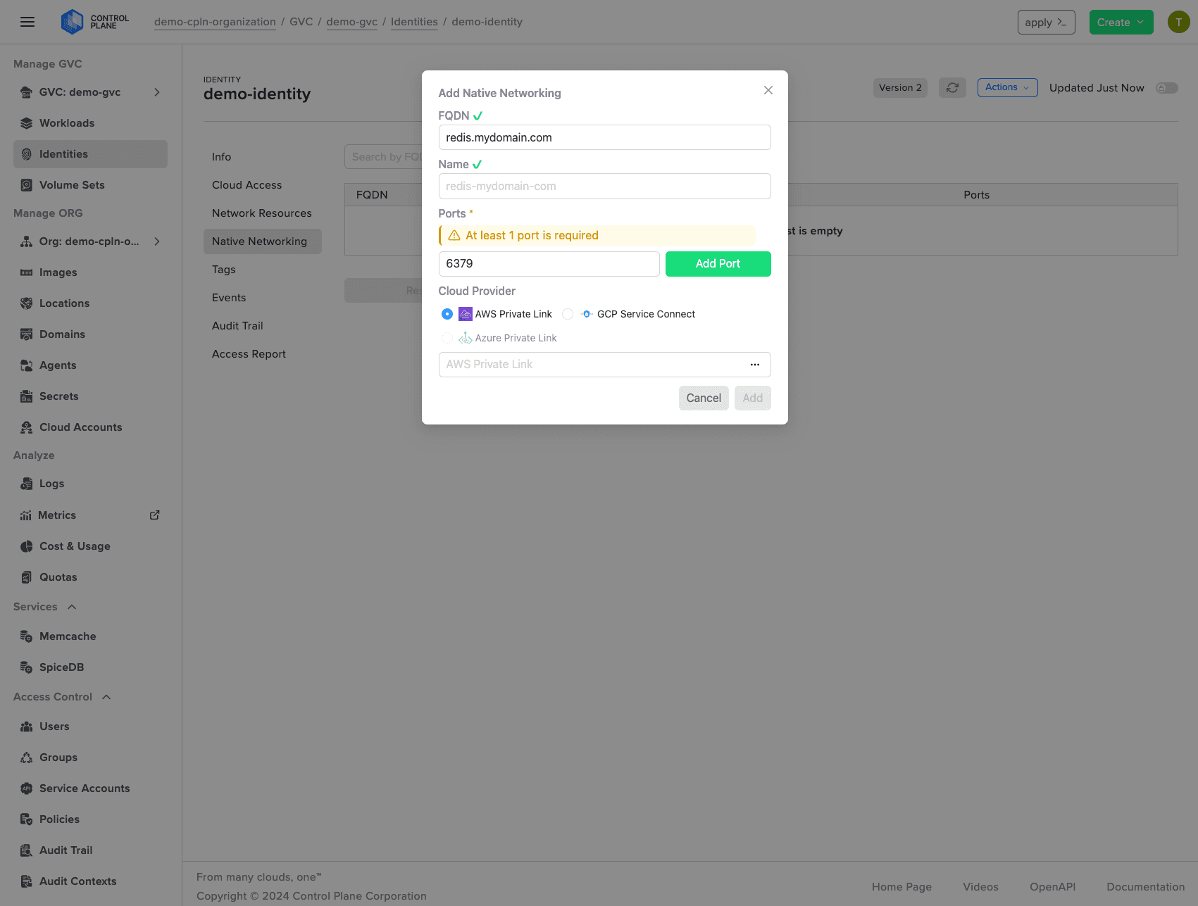 Cloud Wormhole identity configuration with FQDN, accessible ports, and cloud connectivity options.